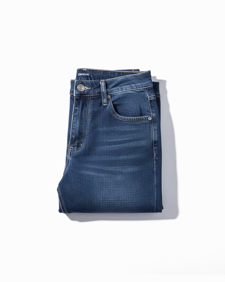 Men's classic straight leg blue denim jeans, perfect for everyday wear and versatile men's fashion.