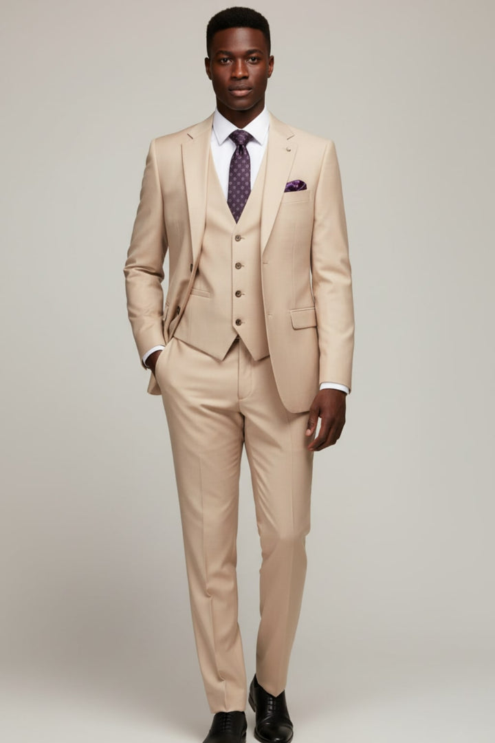 Tailored gray men's three-piece suit for business meetings or formal gala events. Elegant, classic professional attire.