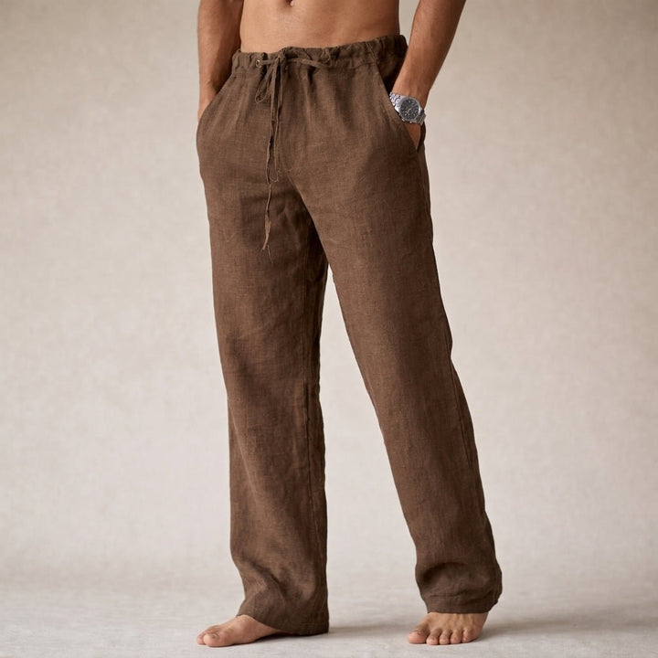 Smart casual men's linen drawstring pants; comfortable & relaxed fit for versatile summer outfits. Lightweight.