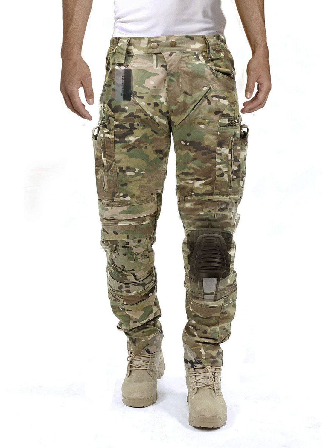 Tactical men's cargo pants for rugged wear, featuring built-in knee protection & multiple utility pockets.
