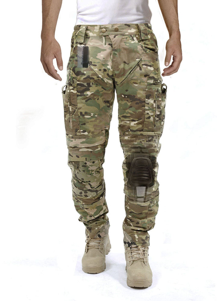 Tactical men's cargo pants for rugged wear, featuring built-in knee protection & multiple utility pockets.