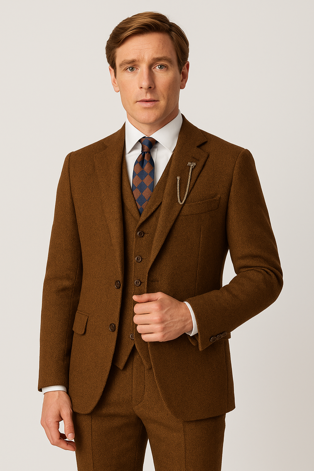 Men's formal brown three-piece suit set, perfect for weddings, business, or sophisticated event wear.