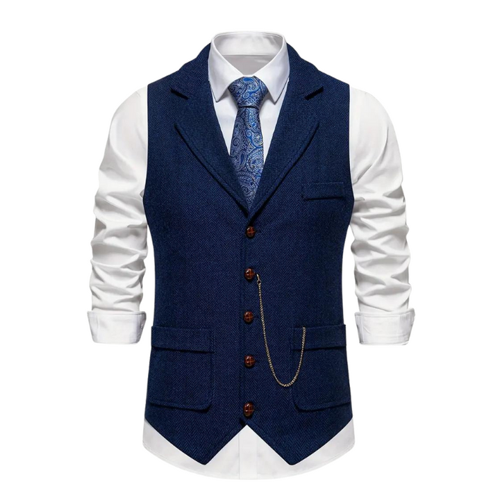 Versatile men's herringbone waistcoat, offering a sophisticated texture for both formal and casual ensembles.
