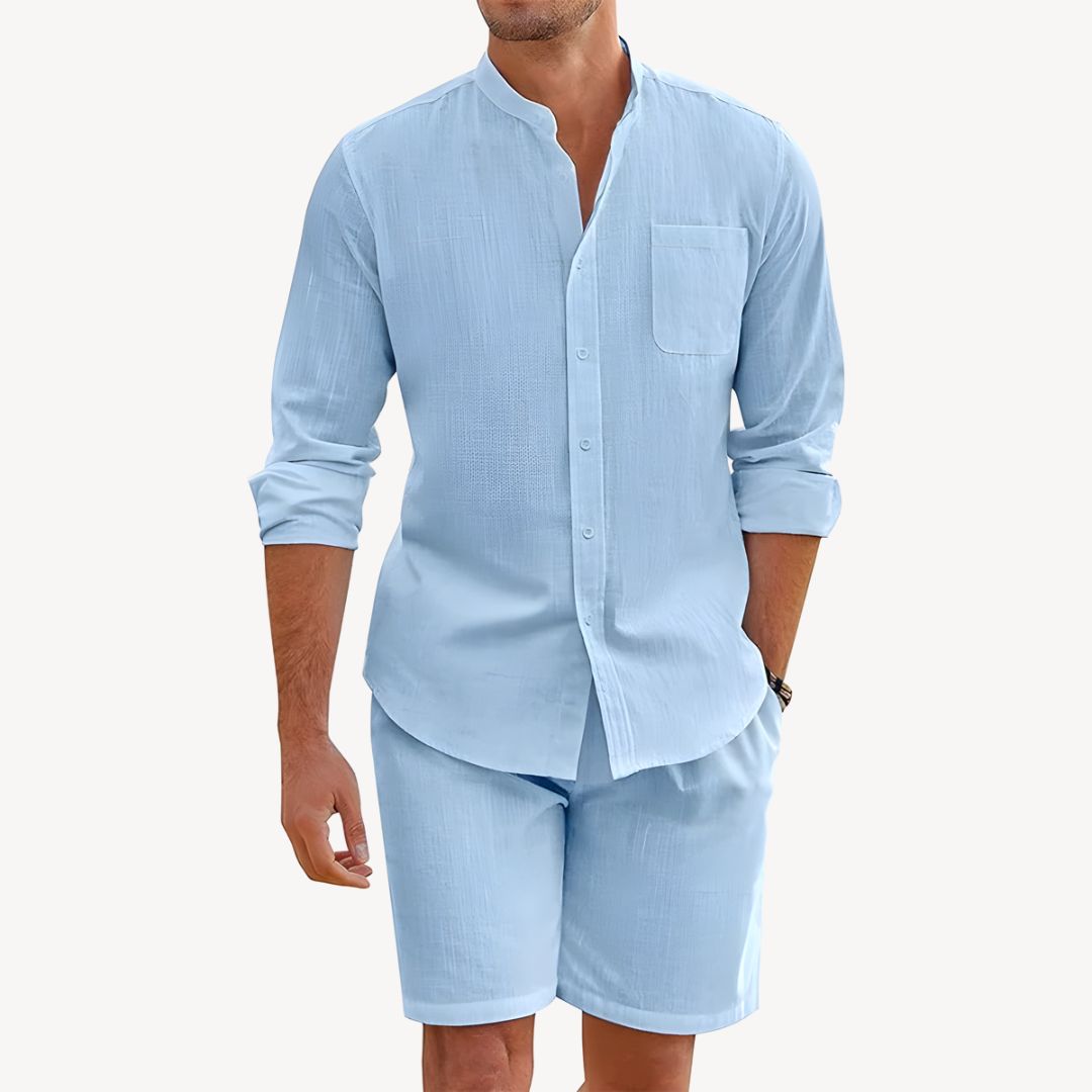 Fashionable men's lightweight summer co-ord set: button-up shirt and elastic waist drawstring shorts.