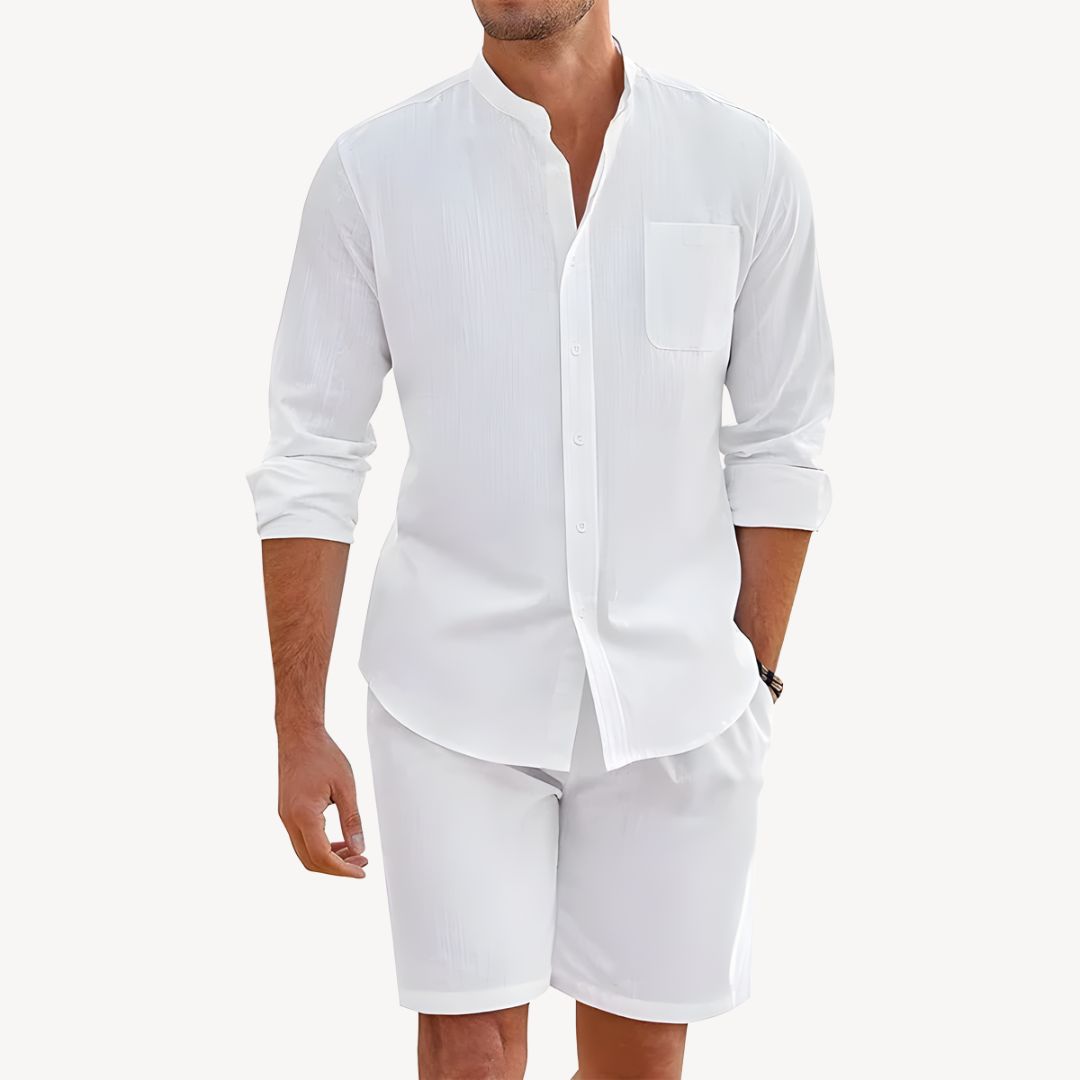Lightweight men's summer set with a button-up shirt and drawstring shorts, perfect for a relaxed fit.