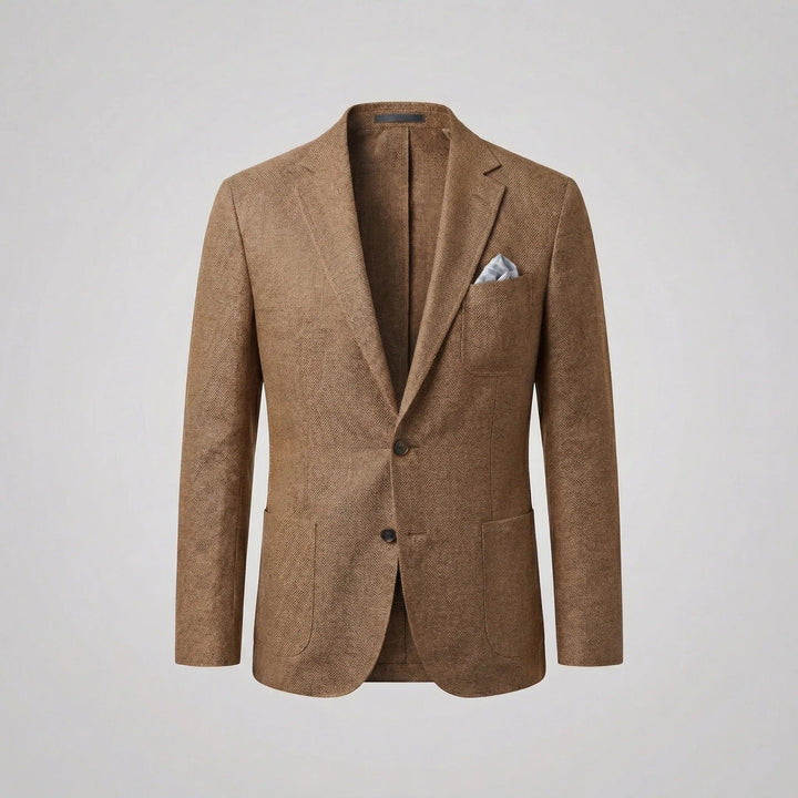 Textured fabric detail of men's lightweight blazer, relaxed fit, perfect for summer fashion.