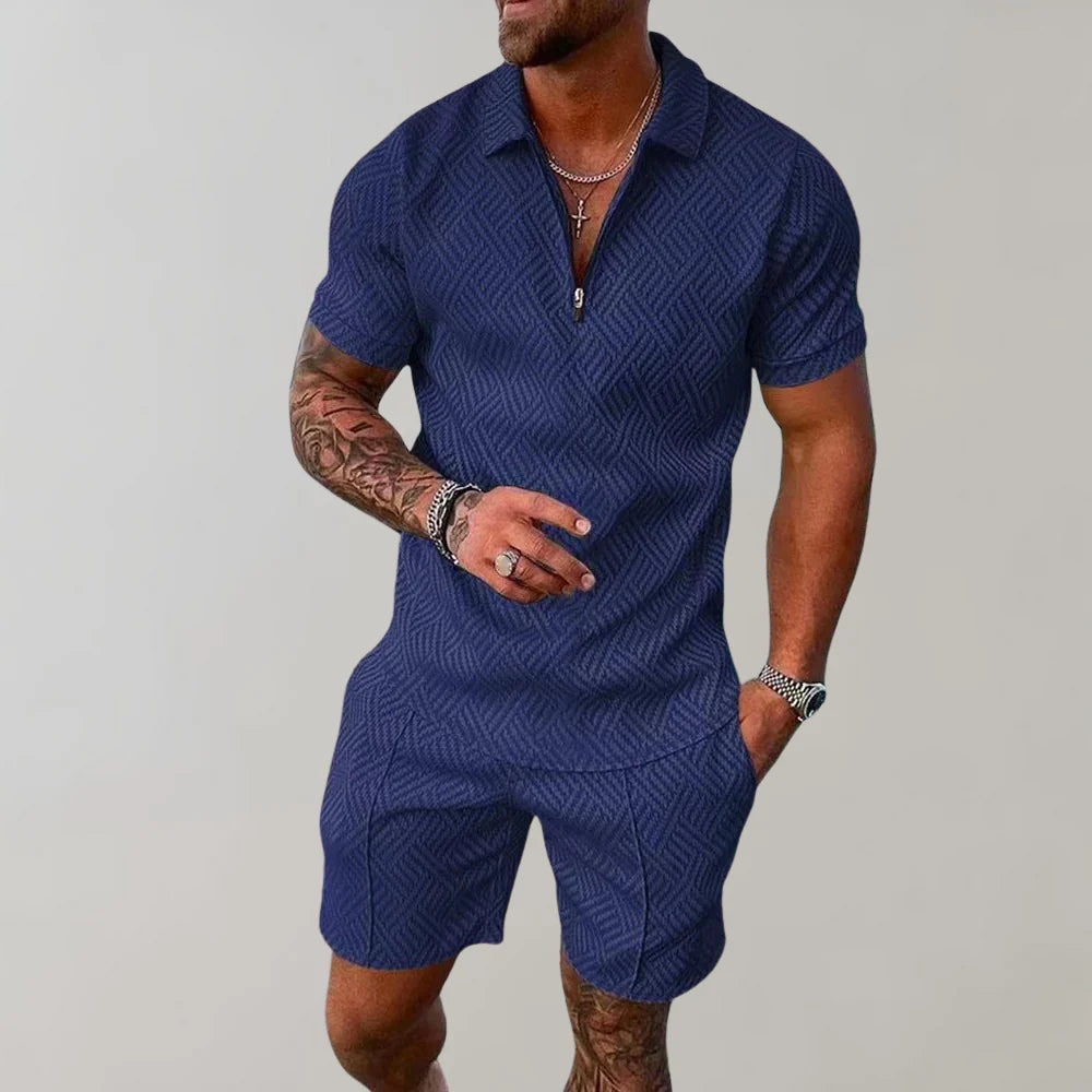 Casual men's summer co-ord set featuring a relaxed fit shirt & matching shorts for loungewear or outdoor comfort.