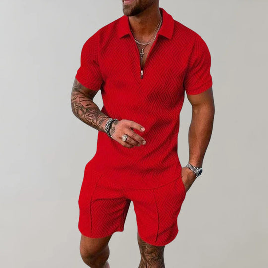 Relaxed fit men's summer set. Breathable two-piece shirt & shorts combo, ideal for warm weather casual style.