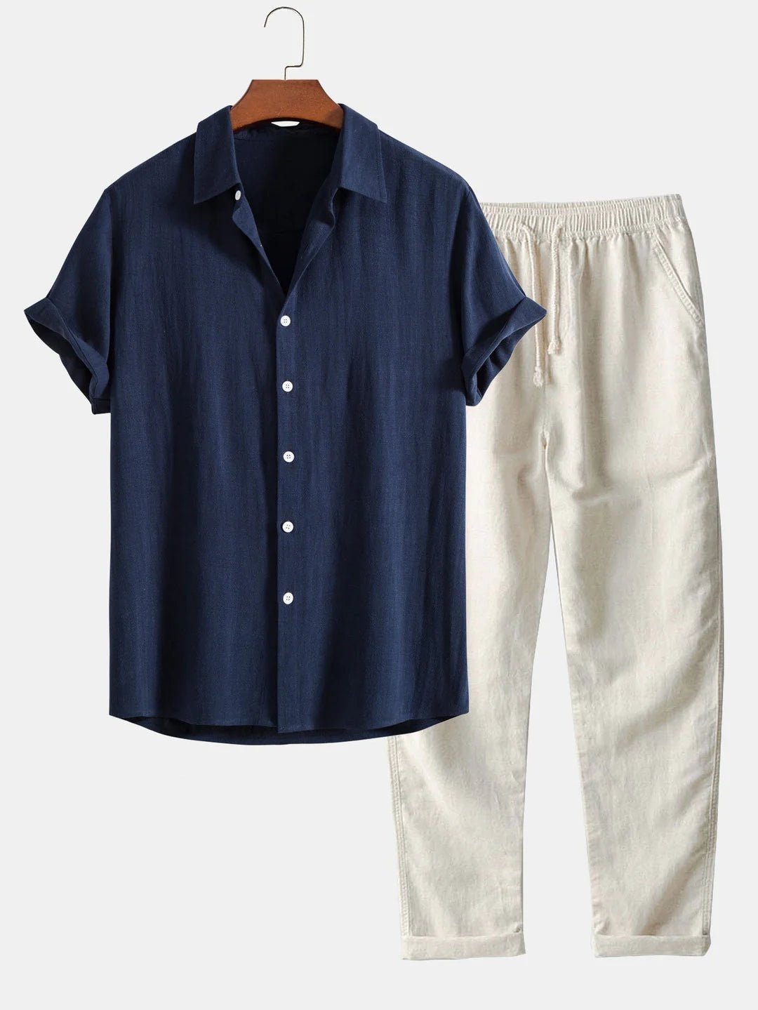 Men's rolled cuffs shirt & matching pants set, perfect for effortless summer style.