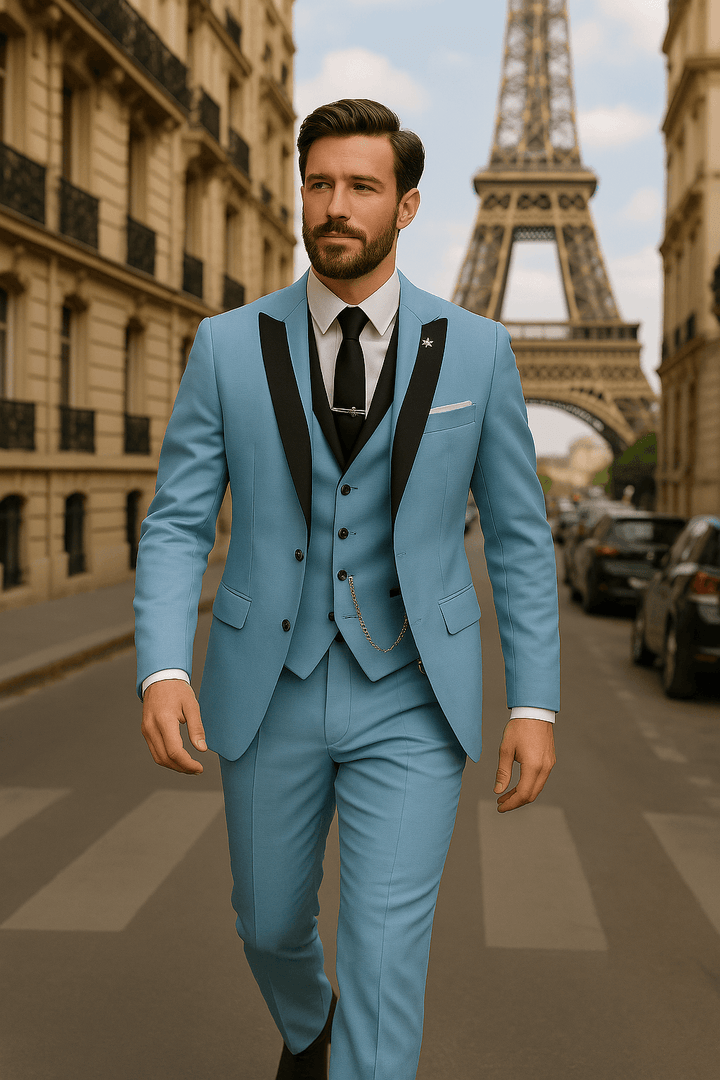 Side view of a sophisticated men's slim fit 3-piece suit. Elegant fashion for formal events.
