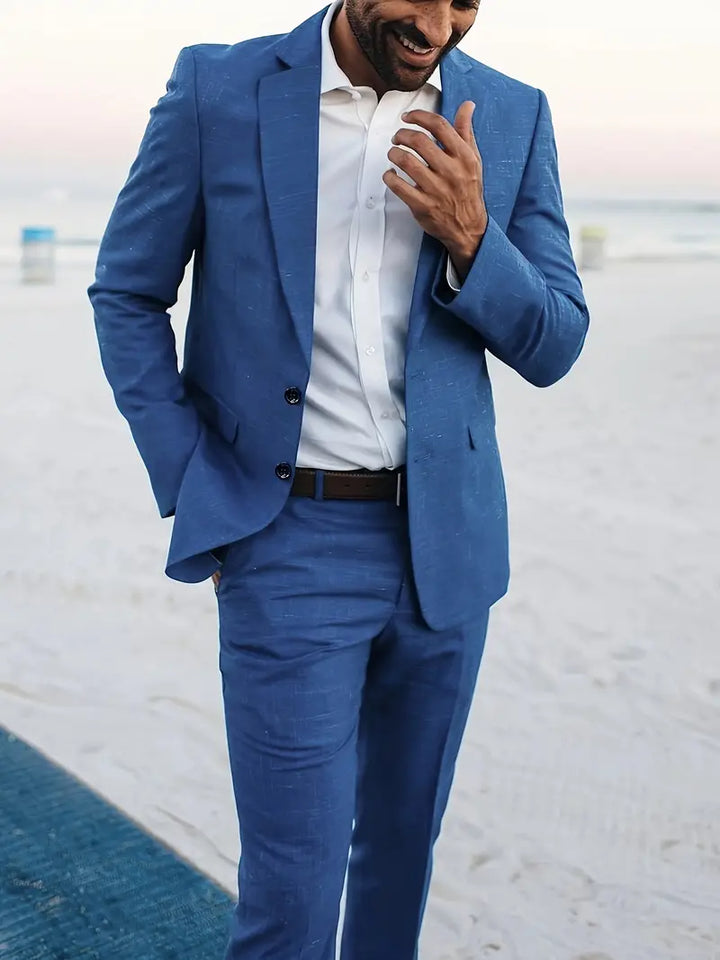 Professional men's formal suit. Two-piece slim fit blazer and trousers for sophisticated event wear.