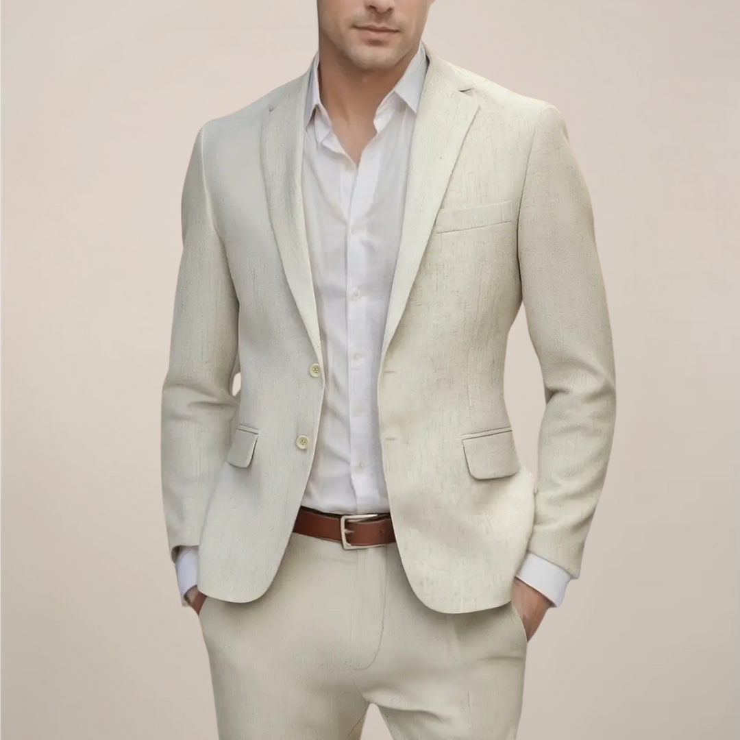 Lightweight men's beige two-piece summer suit. Elegant & stylish semi-formal attire for various events.