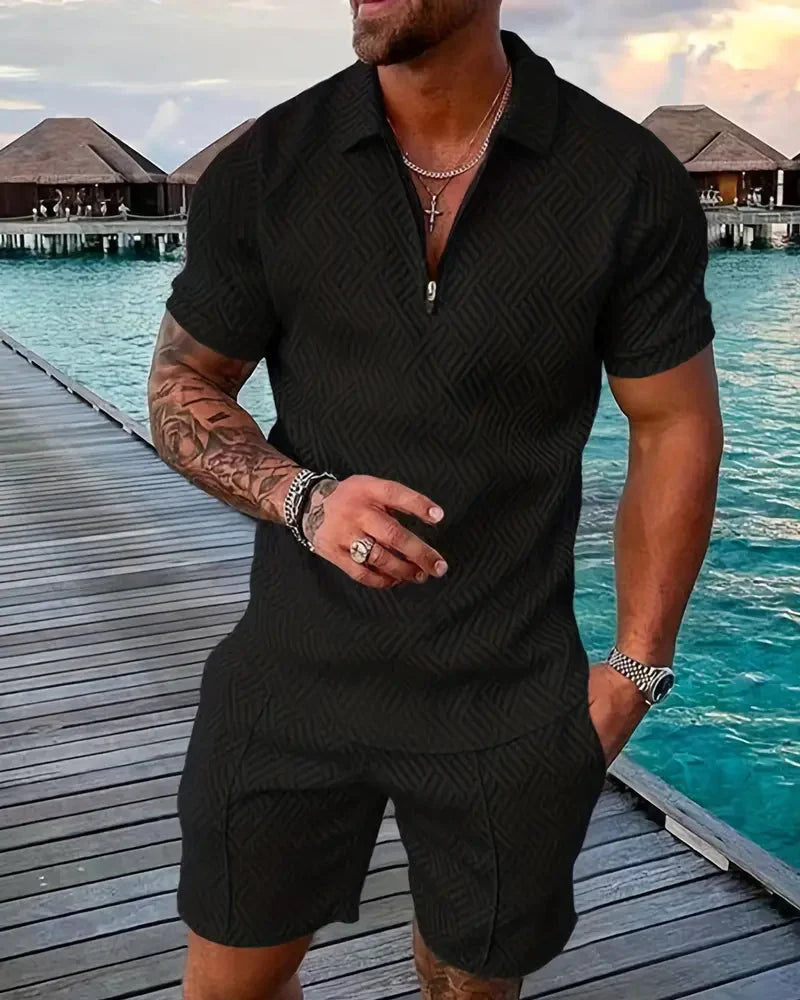 Stylish men's zip polo & coordinated shorts set. Perfect summer casual wear, beach outfit or travel fashion.