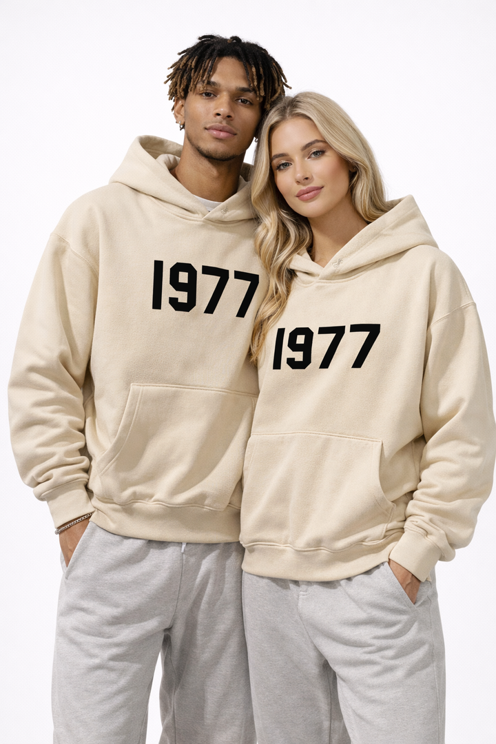 Men's vintage 1977 streetwear hoodie with raglan sleeves. Casual, comfortable pullover sweatshirt.