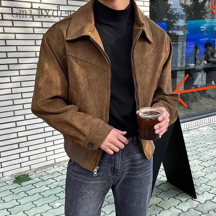 Classic black men's zip jacket, a versatile vintage-style outerwear for modern casual fashion.