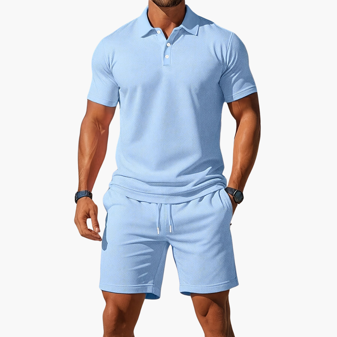 Men's casual polo shirt & drawstring shorts lounge set. Comfortable, relaxed fit for summer wear. Ideal 2-piece outfit.