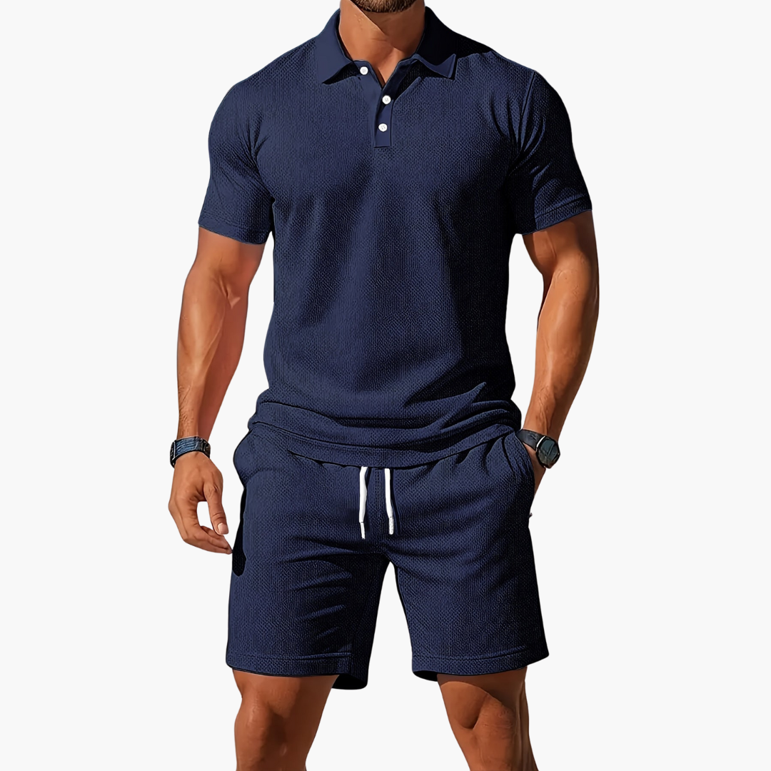 Textured short-sleeve polo shirt and matching drawstring shorts. Men's summer loungewear, comfortable and stylish.