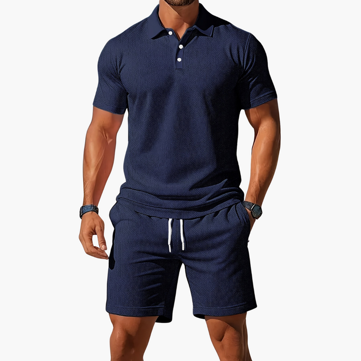 Textured short-sleeve polo shirt and matching drawstring shorts. Men's summer loungewear, comfortable and stylish.