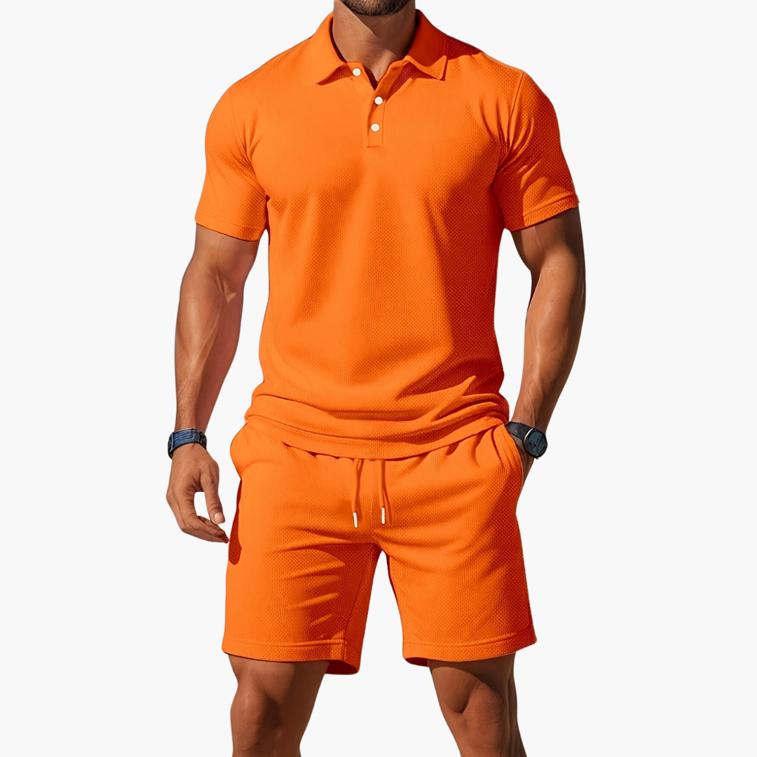 Men's comfortable 2-piece lounge set with polo shirt and drawstring shorts. Perfect for warm weather or vacation.