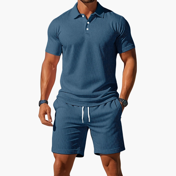 Relaxed fit men's polo shirt & drawstring shorts set. A stylish, comfy summer fashion choice for casual wear.