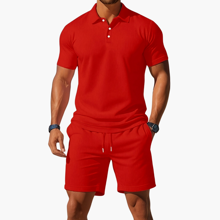 Soft men's loungewear set: short-sleeve polo shirt and adjustable drawstring shorts for ultimate summer comfort.