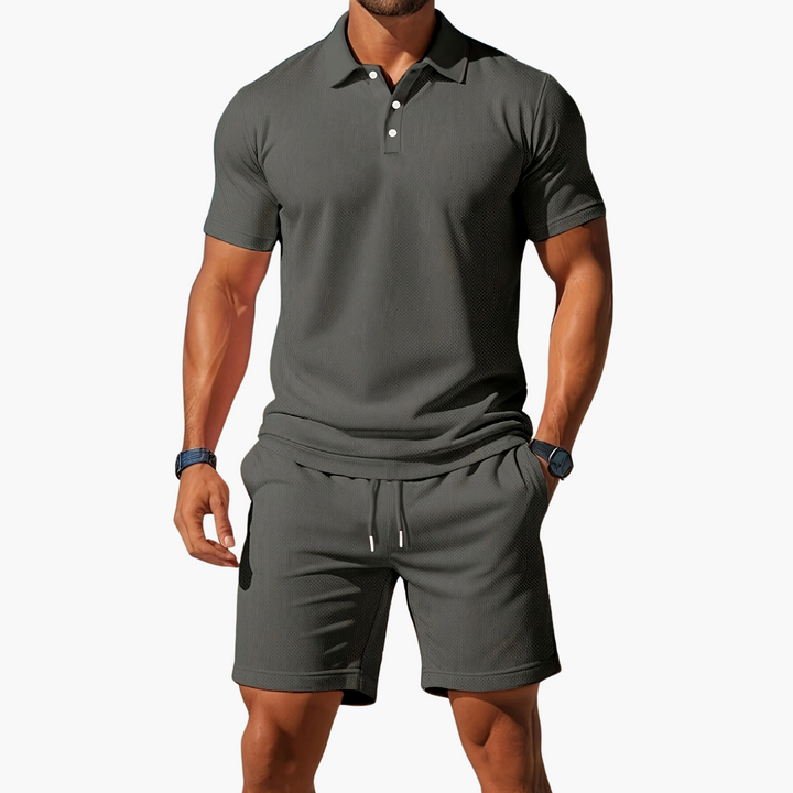 Men's summer casual set, featuring a stylish polo shirt and comfortable drawstring shorts for leisure and vacation.