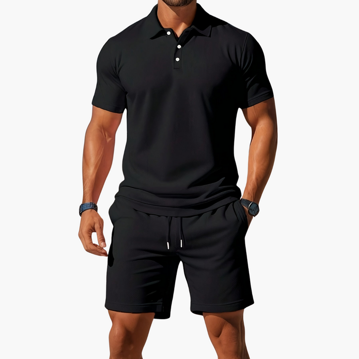 Versatile men's short-sleeve polo & matching drawstring shorts. 2-piece summer lounge set, ideal for casual fashion.