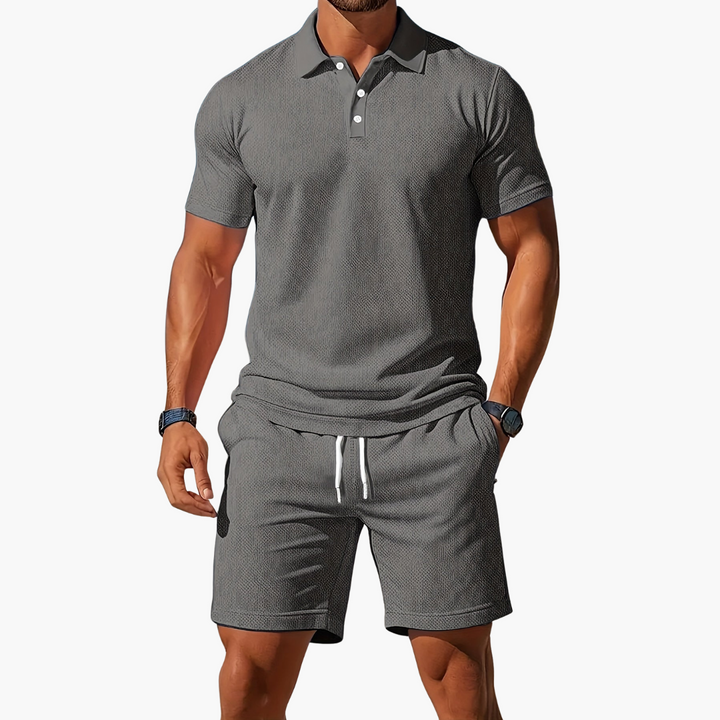 Front view of men's relaxed fit polo shirt & drawstring shorts lounge set. Perfect for summer comfort and style.