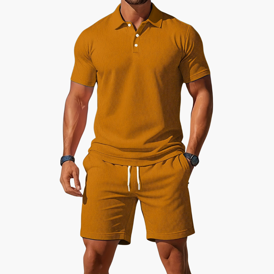 Back view of the men's casual 2-piece summer set, showcasing the polo shirt and comfortable drawstring shorts.