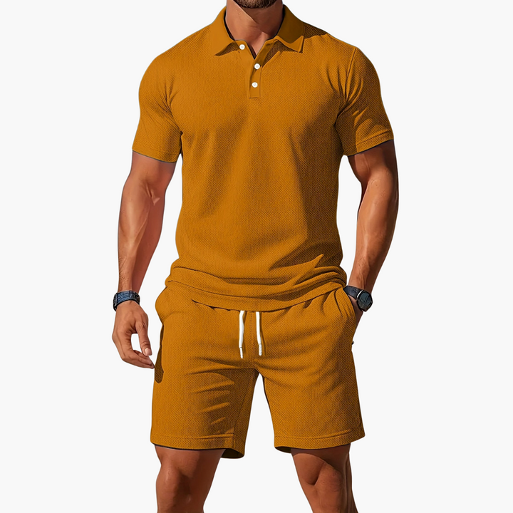 Back view of the men's casual 2-piece summer set, showcasing the polo shirt and comfortable drawstring shorts.