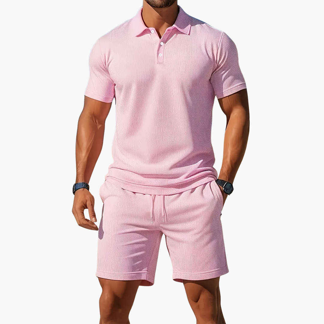 Close-up of the textured fabric on the men's short-sleeve polo & drawstring shorts lounge set for summer wear.