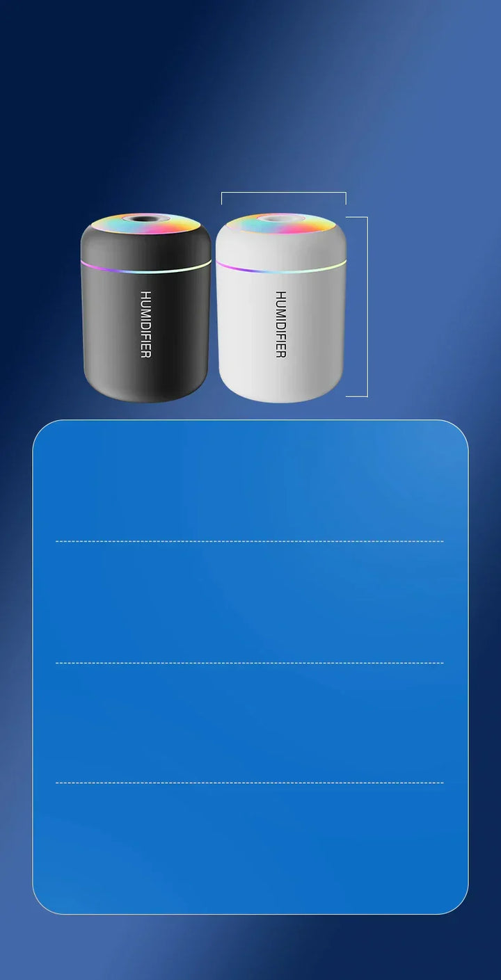 Portable USB humidifier and aromatherapy diffuser. Compact for bedroom or home office.