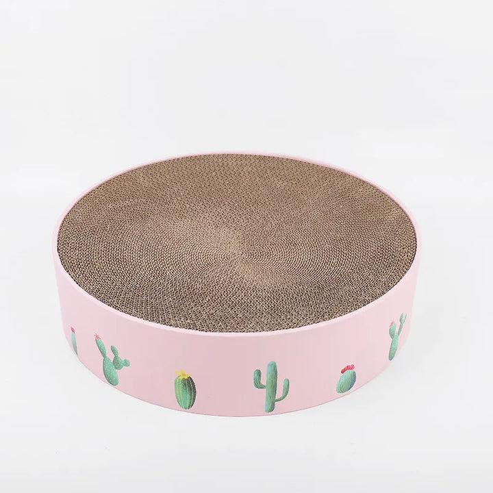Top view of a unique cactus cat scratching board, featuring a robust cardboard base for pet playtime.