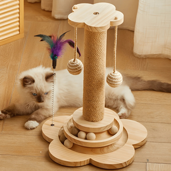 Modern cat tree with solid sisal scratching post and comfy perch. Ideal feline pet furniture for active cats.