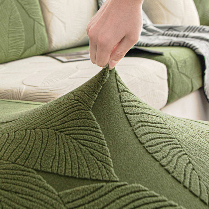 Stretch jacquard couch cover with elegant leaf design, water repellent & anti-scratch furniture protector