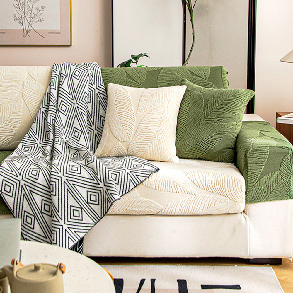 Modern water-repellent stretch sofa cover with intricate leaf jacquard, durable & pet friendly