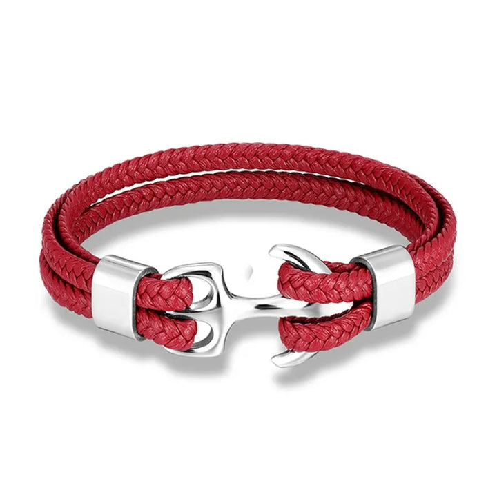 Robust men's leather bracelet with a strong stainless steel anchor for lasting nautical style.