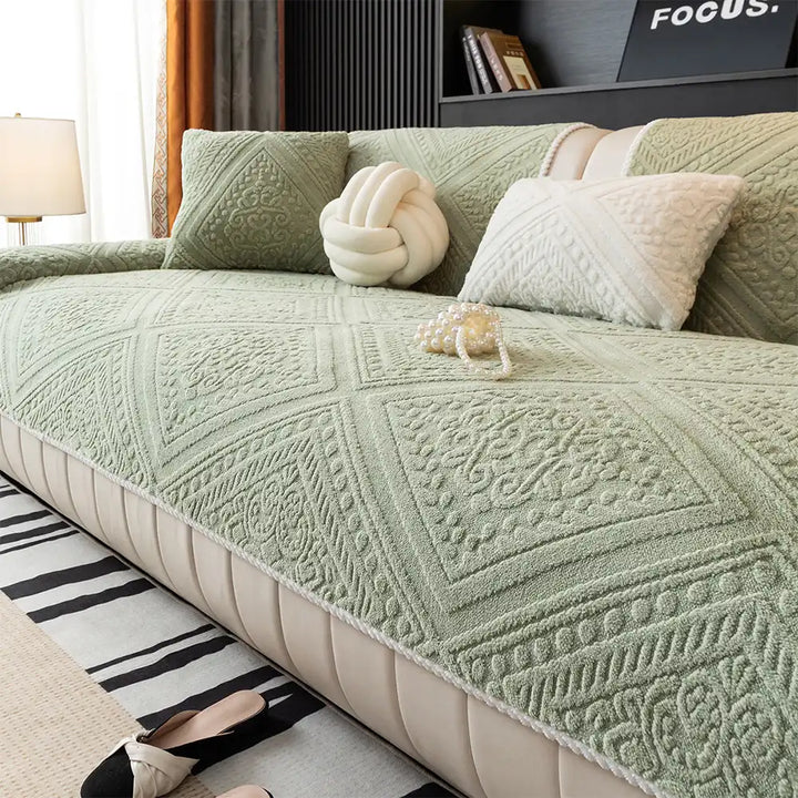 Close-up of Nordic carved plush texture on a non-slip sofa cover, jacquard pattern