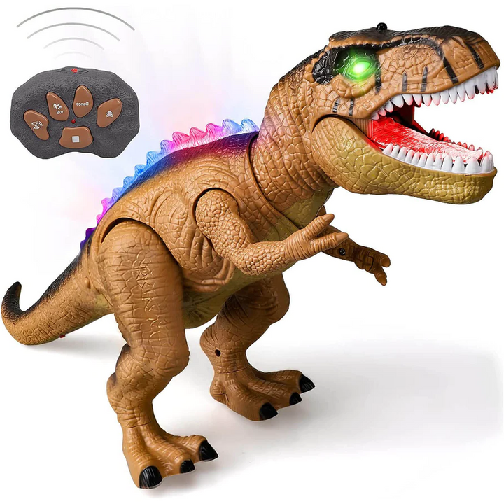 Remote-controlled T-Rex dinosaur toy showcasing its walking ability and realistic sound effects.