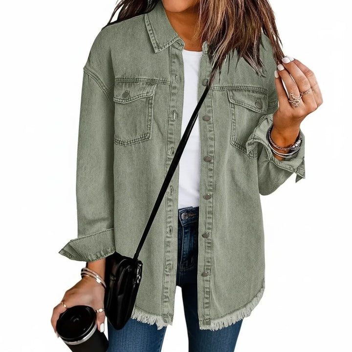 Trendy women's outerwear: oversized shirt jacket featuring a relaxed fit, button front & fringe hem.