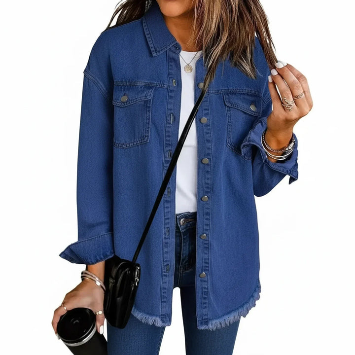 Stylish women's oversized jacket. Button-down shirt jacket with a relaxed fit & unique fringe hem.