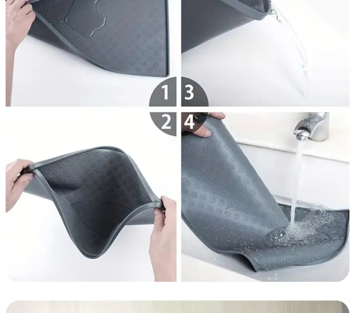 Waterproof pet feeding station, gray silicone mat with removable stainless steel food and water bowls
