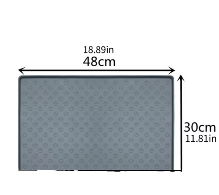 Compact pet food and water mat, gray silicone base with two stainless steel bowls, anti-spill design