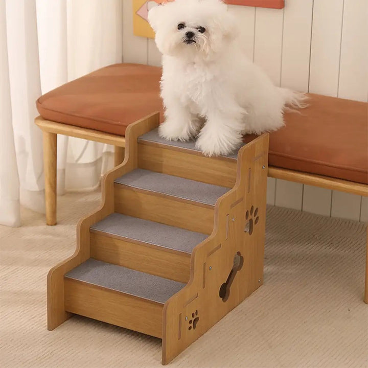 New4 pet safety wood step ramp for small to medium dogs & cats, non-slip surface, easy climb.