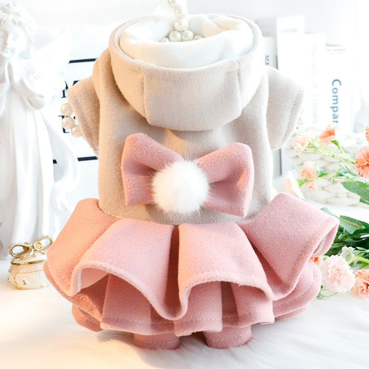 Pink fleece dog dress jacket with bow, warm winter pet clothes for small dogs