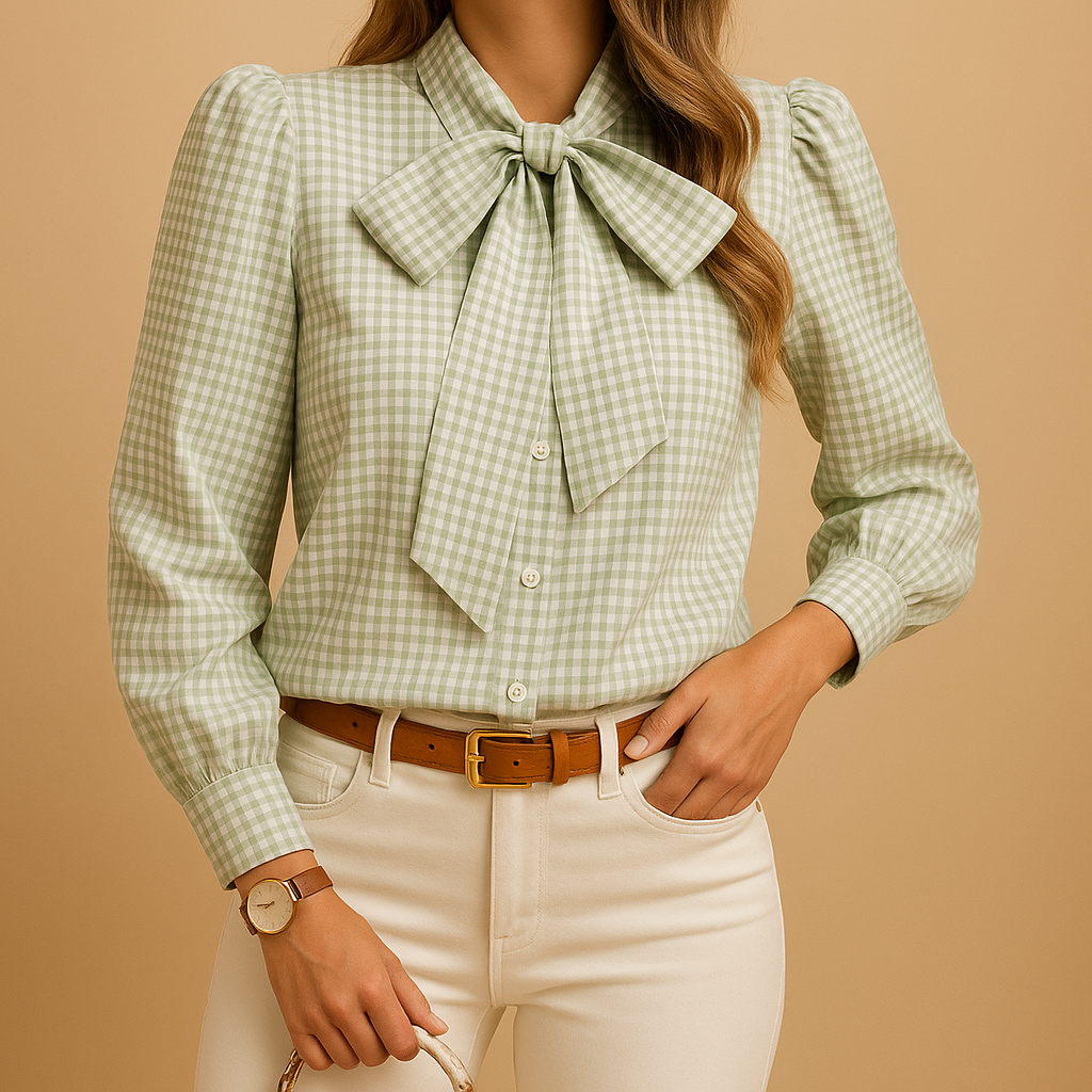 Stylish women's plaid long-sleeve blouse with bow detail; comfortable & versatile for office or casual elegant wear.