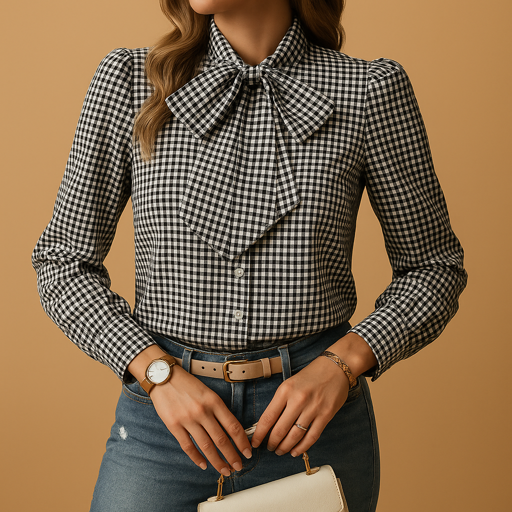 Versatile women's elegant plaid long-sleeve blouse with chic bow, ideal for stylish seasonal or office fashion.