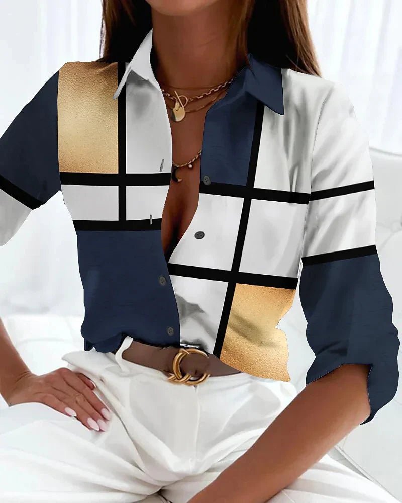 Women's plus size geometric print button-up shirt with long sleeves, perfect for casual or business casual wear.