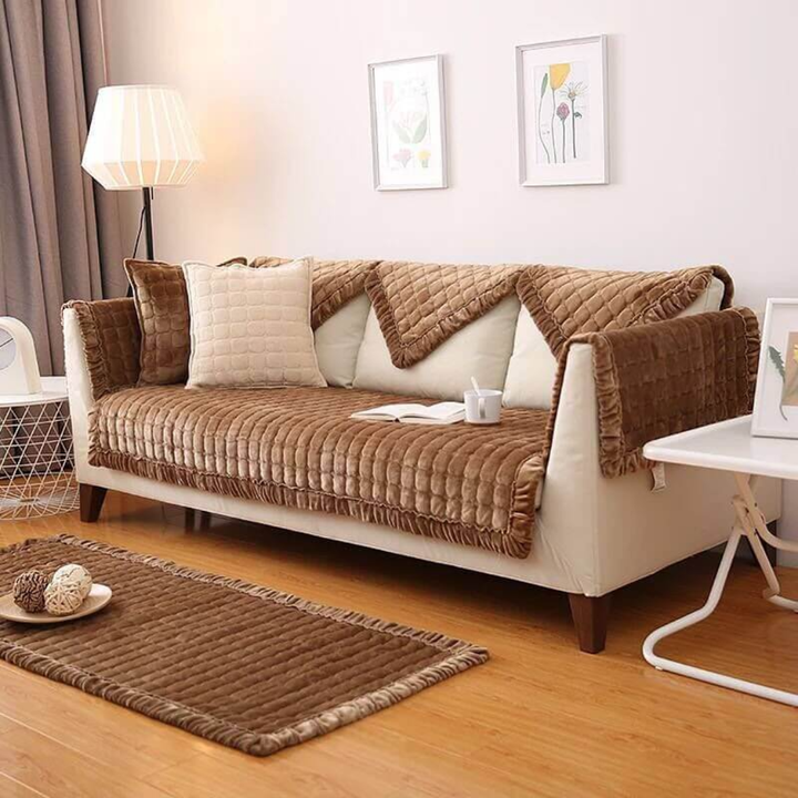 Brown velvet sectional slipcover for L-shaped couch, featuring anti-slip backing & pet-friendly design