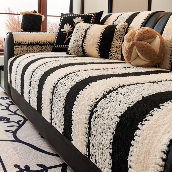 Non-slip striped plush chenille sofa cover, ensuring a secure fit and pet-friendly home environment.